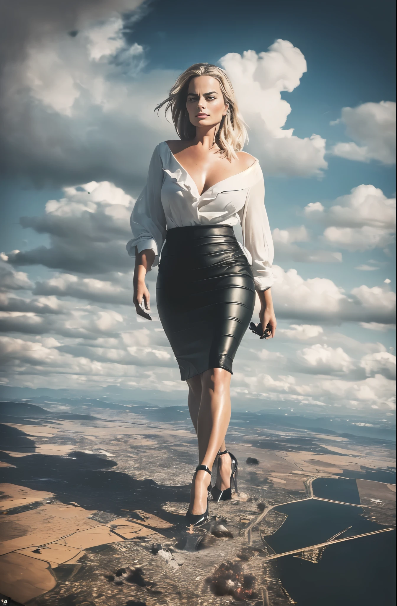 ((Margot Robbie)), (masterpiece, best quality, best shadows, best shading, perfect hands, perfect face, cinematic lighting, colorful, ultra-detailed, beautiful photography, character focus, extremely-detailed, photorealistic, hyper photorealism, atmospheric), (rural destruction:1.7), (dirty, filthy, unwashed, sweaty, unkempt, angry, tired, exhausted, annoyed), ((walking, mid stride:1.2, stepping down on:1.2, stomping, crush, rampage)), (black patent Louboutin pointed toe pumps, high heels, stiletto heels), ((revealing crisp white blouse, short black pencil skirt)), (high altitude photography, satellite view), (curvy, exposed cleavage, heaving bosom, legs), (urban sprawl, farmland and small towns, destruction, buildings, roads), (((cloudy, overcast, clouds and atmosphere partly obscuring the subject:1.2, hazy atmosphere, haze in foreground, wispy clouds)))