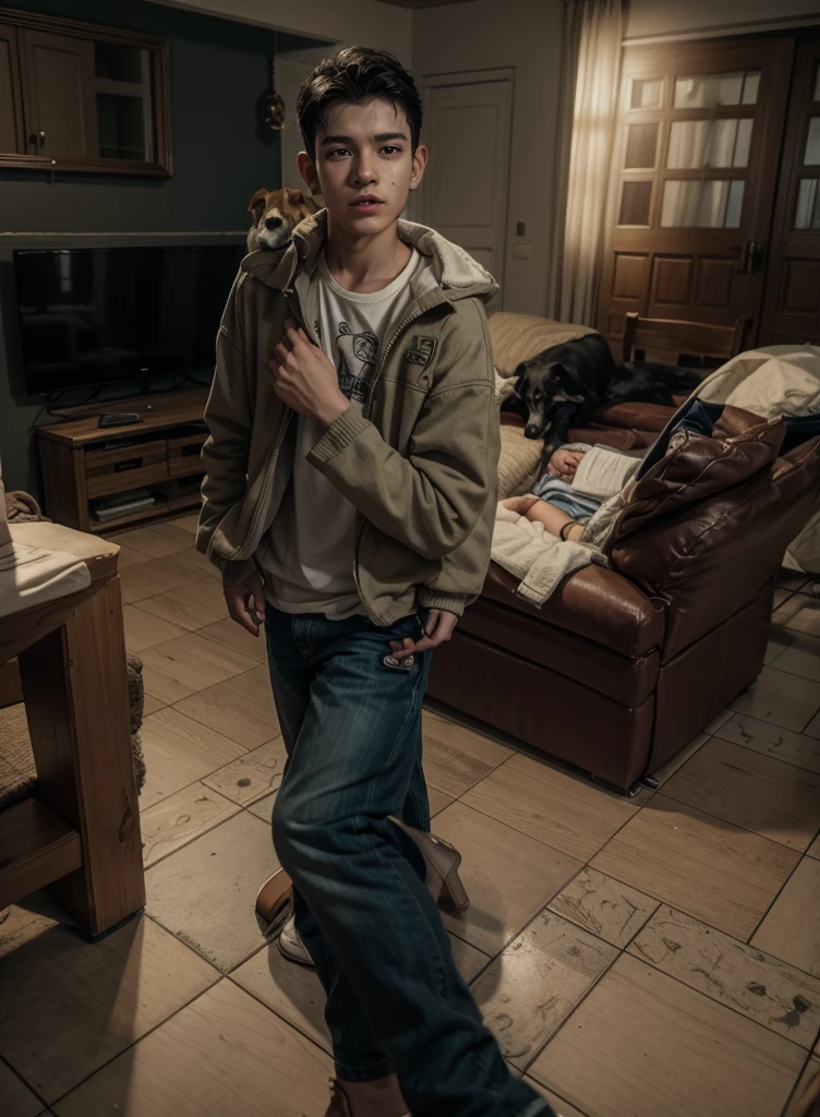 there is a boy standing in a living room with a dog, with your hyperactive puppy, powder Nándor Katona, very low quality image, diego 5, Matthew 9 5, by Július Jakoby, Tommy 1 6 years, photo realist, por Joseph Pisani, with a , profile image