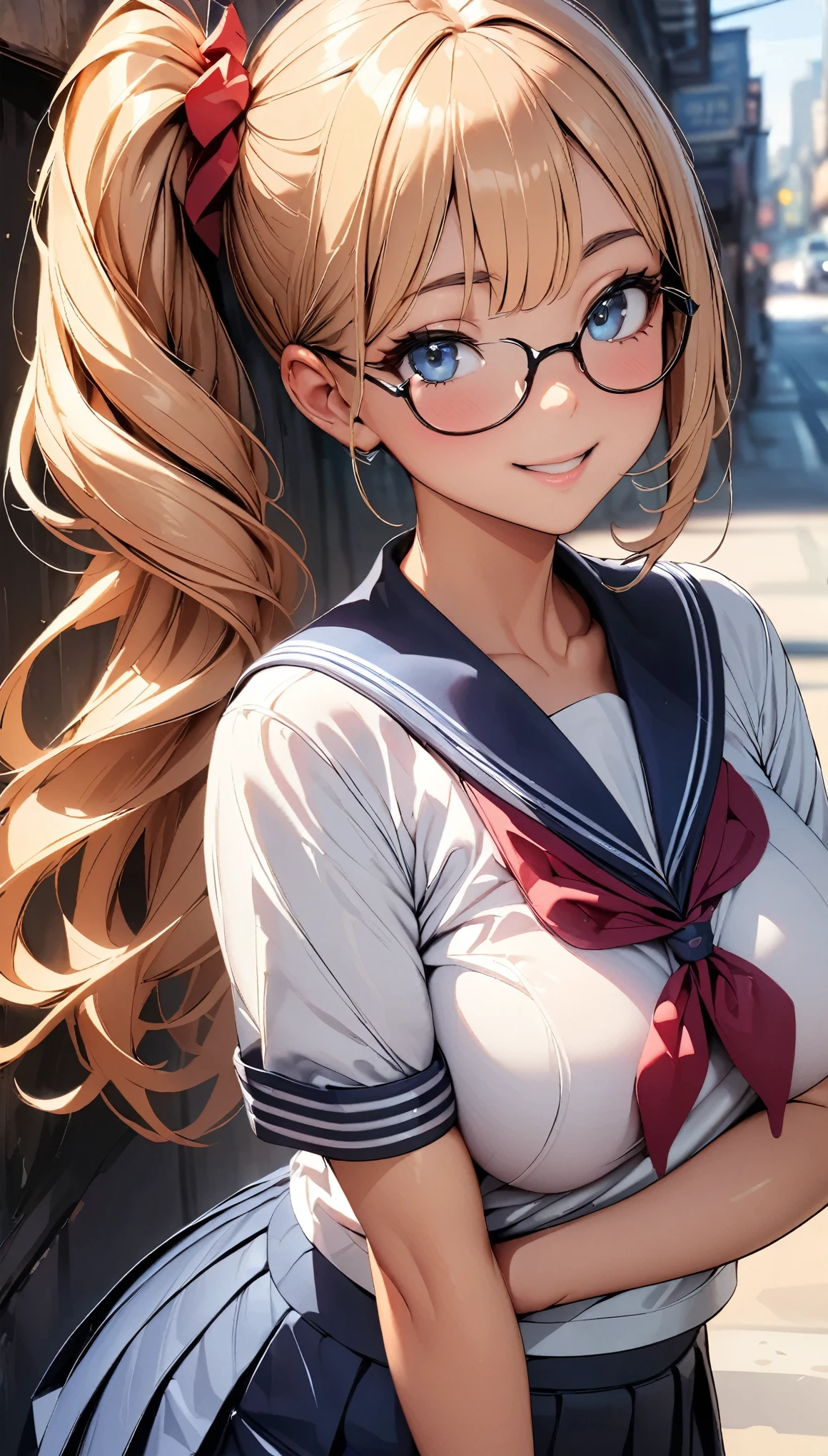 (Highest quality:1.24K, 8K, Very detailed, up to date, Vibrant, High detail, masterpiece:1.2, Highest quality, Best aesthetics), (((1 Girl))), JK, Sailor suit, Pleated skirt, Please open your mouth a little:1.2, smile, (Light brown hair, Voluminous side ponytail), Dynamic Angle, Friendly atmosphere, Beautiful Hair, Shiny Hair, Beautiful Skin, Detailed face and eyes, Glossy Lips, Curvy Women, Frameless glasses:1.2, Face over shoulder, turn around, Face Close Up, Light and shadow with attention to detail, Background Blur.