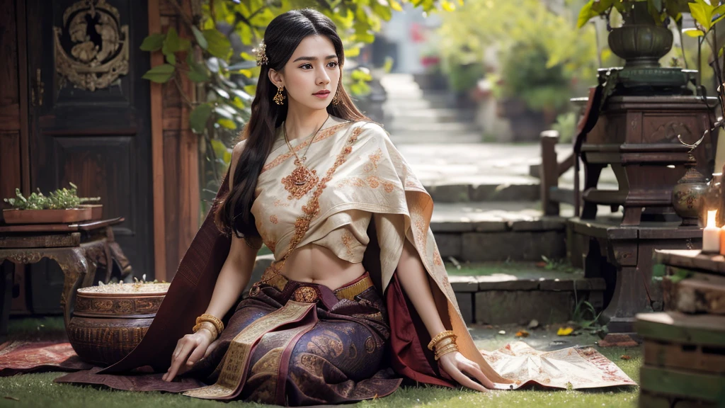 (raw photos:1.2), (realistic:1.4), (Masterpiece:1.3), (best quality:1.4), Ultra high resolution, (Detailed eyes), (Detailed facial features), (Detailed clothing features), HDR, 8k resolution, Focus only, Dressing according to Thai tradition, Traditional shawl , 1 woman , big breasts, A gigantic rift, big breastsดันเสื้อผ้า, big breast, The breasts will fully grow..., Make your breasts bigger.., small waist, Long legs, Facing the audience, full body, depth of field, Cinema-grade lighting system, big breasts, Too big for your body, Revealing a flat stomach, The lower half of the chest can be seen..., Sexy sitting posture, Pictures from eye-catching angles, Correct picture elements, The picture is complete.,