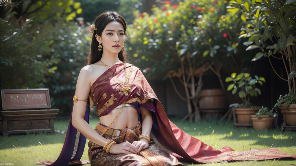 (raw photos:1.2), (realistic:1.4), (Masterpiece:1.3), (best quality:1.4), Ultra high resolution, (Detailed eyes), (Detailed facial features), (Detailed clothing features), HDR, 8k resolution, Focus only, Dressing according to Thai tradition, Traditional shawl , 1 woman , big breasts, A gigantic rift, big breastsดันเสื้อผ้า, big breast, The breasts will fully grow..., Make your breasts bigger.., small waist, Long legs, Facing the audience, full body, depth of field, Cinema-grade lighting system, big breasts, Too big for your body, Revealing a flat stomach, The lower half of the chest can be seen..., Sexy sitting posture, Pictures from eye-catching angles, Correct picture elements, The picture is complete.,