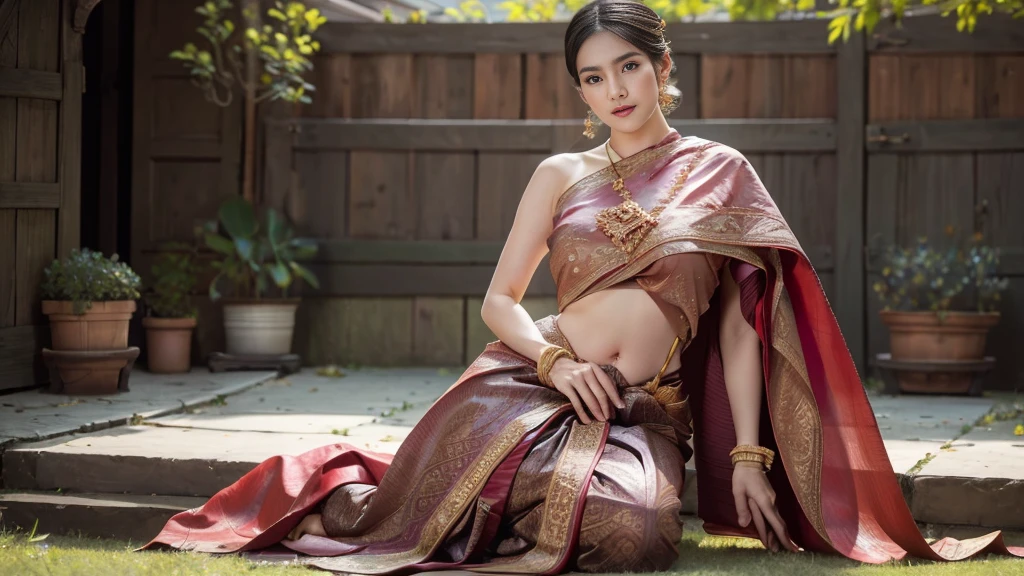 (raw photos:1.2), (realistic:1.4), (Masterpiece:1.3), (best quality:1.4), Ultra high resolution, (Detailed eyes), (Detailed facial features), (Detailed clothing features), HDR, 8k resolution, Focus only, Dressing according to Thai tradition, Traditional shawl , 1 woman , big breasts, A gigantic rift, big breastsดันเสื้อผ้า, big breast, The breasts will fully grow..., Make your breasts bigger.., small waist, Long legs, Facing the audience, full body, depth of field, Cinema-grade lighting system, big breasts, Too big for your body, Revealing a flat stomach, The lower half of the chest can be seen..., Sexy sitting posture, Pictures from eye-catching angles, Correct picture elements, The picture is complete.,