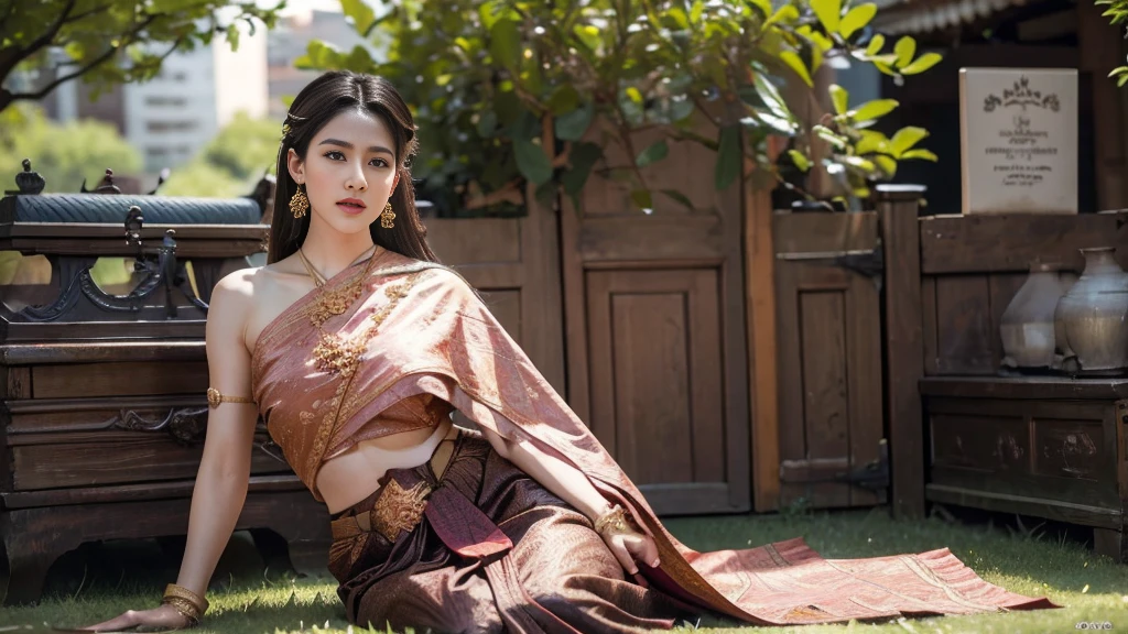 (raw photos:1.2), (realistic:1.4), (Masterpiece:1.3), (best quality:1.4), Ultra high resolution, (Detailed eyes), (Detailed facial features), (Detailed clothing features), HDR, 8k resolution, Focus only, Dressing according to Thai tradition, Traditional shawl , 1 woman , big breasts, A gigantic rift, big breastsดันเสื้อผ้า, big breast, The breasts will fully grow..., Make your breasts bigger.., small waist, Long legs, Facing the audience, full body, depth of field, Cinema-grade lighting system, big breasts, Too big for your body, Revealing a flat stomach, The lower half of the chest can be seen..., Sexy sitting posture, Pictures from eye-catching angles, Correct picture elements, The picture is complete.,