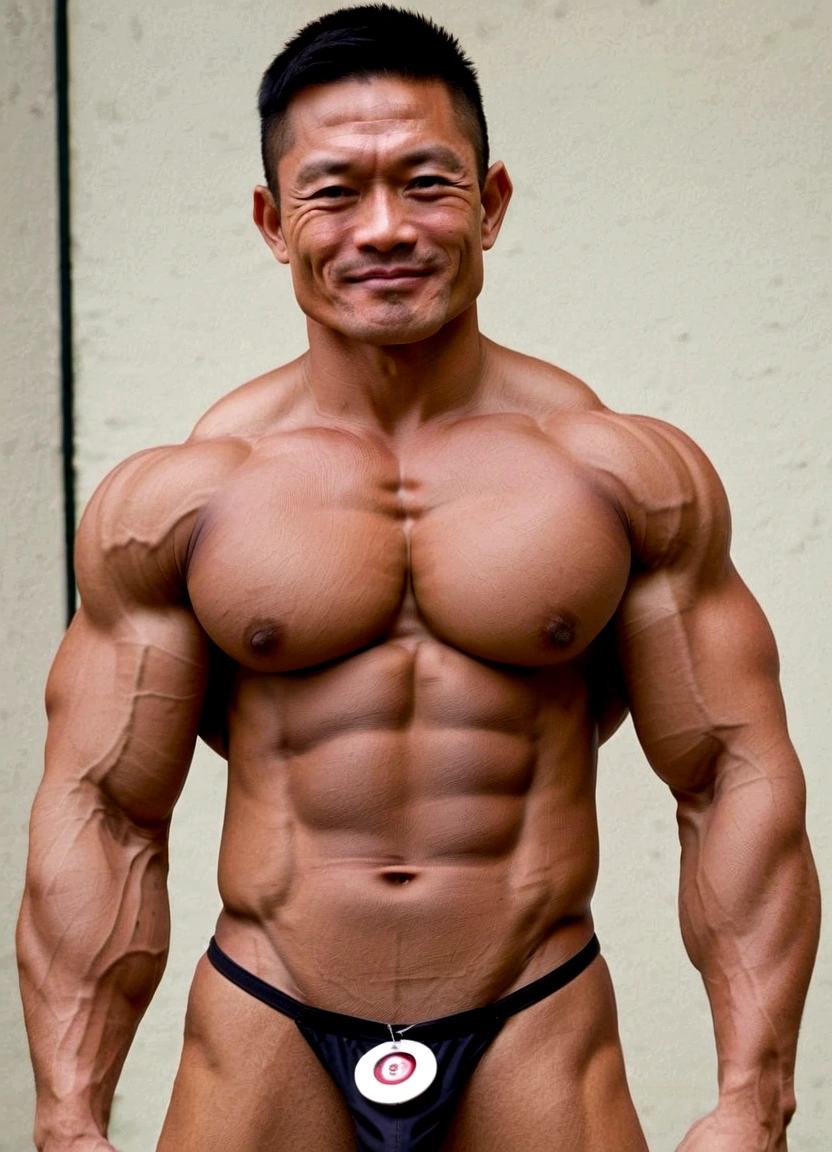 Naked Bodybuilder,sunburn skin dark Black Japanese bodybuilde,Japanese man,、Developed muscleature atmosphere、,Oversized Big body,no body hair,naked,Very bulky Big underboobs, Skin with visible veins, medium length hair,A cinematic scene unfolds in 8k resolution, where in brig,(Gorilla-like face:0.6),Big Nose,(big penis:0.7)(Thick penis:0.7)(elect penis:1.4)(Detailed elect penis shape:1.4)nsfw、Strong sexual attraction、Sex symbol、Big eyes、Thick lips