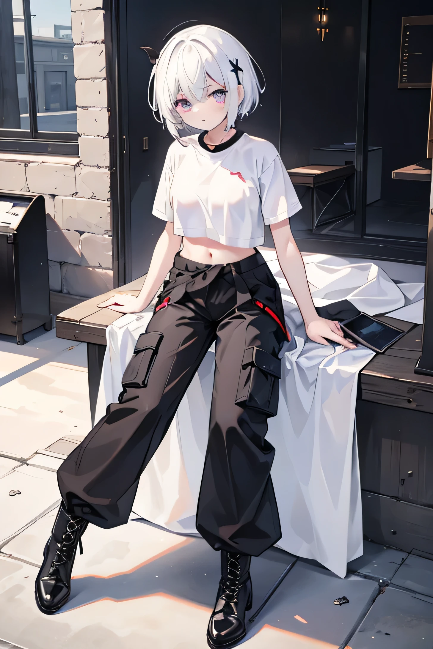 He has short white hair and sharp eyes.。
What to wear、He wears a white demon mask、A black t-shirt showing his belly button and black cargo pants、A woman wearing black military boots