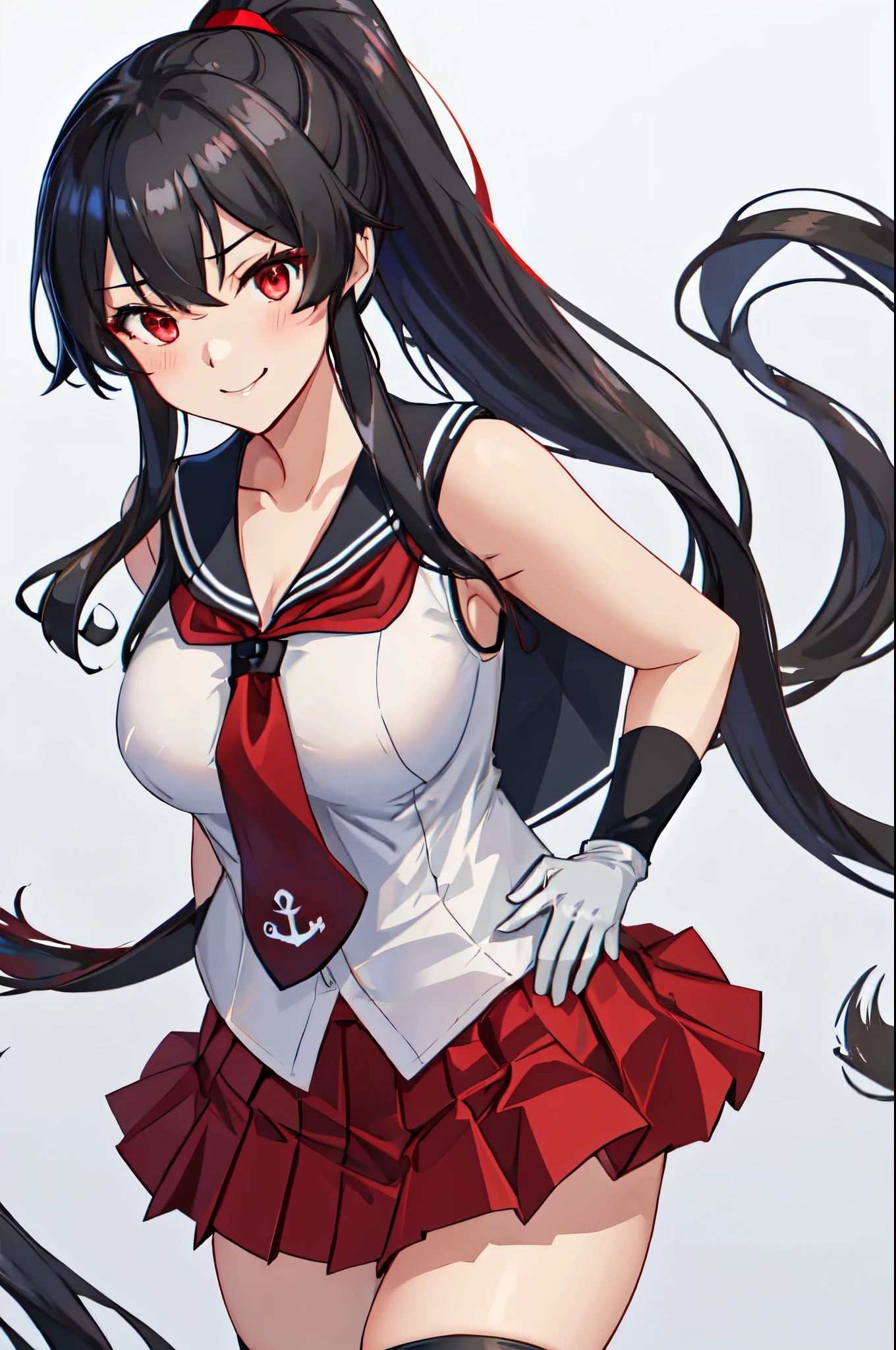 best quality, masterpiece, highres, solo, {yahagi_kantaicollection:1.15}, long_hair, black_hair, ponytail, red_eyes, sidelocks, breasts, hair_between_eyes, large_breasts, 1girl, anchor_symbol, gloves, looking_at_viewer, pleated_skirt, red_skirt, sailor_collar, school_uniform, serafuku, shirt, skirt, sleeveless, sleeveless_shirt, smile, white_gloves, black_sailor_collar, necktie