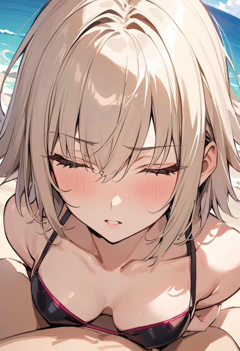 best quality, masterpiece, anime girl , young girl, , 1girl, bangs, blonde hair, perfect body form, perfect shot, perfect anatomy, jeanne alter, fate grand order, small bikini, bikini, first person view, pov , kiss, kissing pov, inminent kiss, hands up, beach background, view from above, very close up, close eyes, eyes slighly close