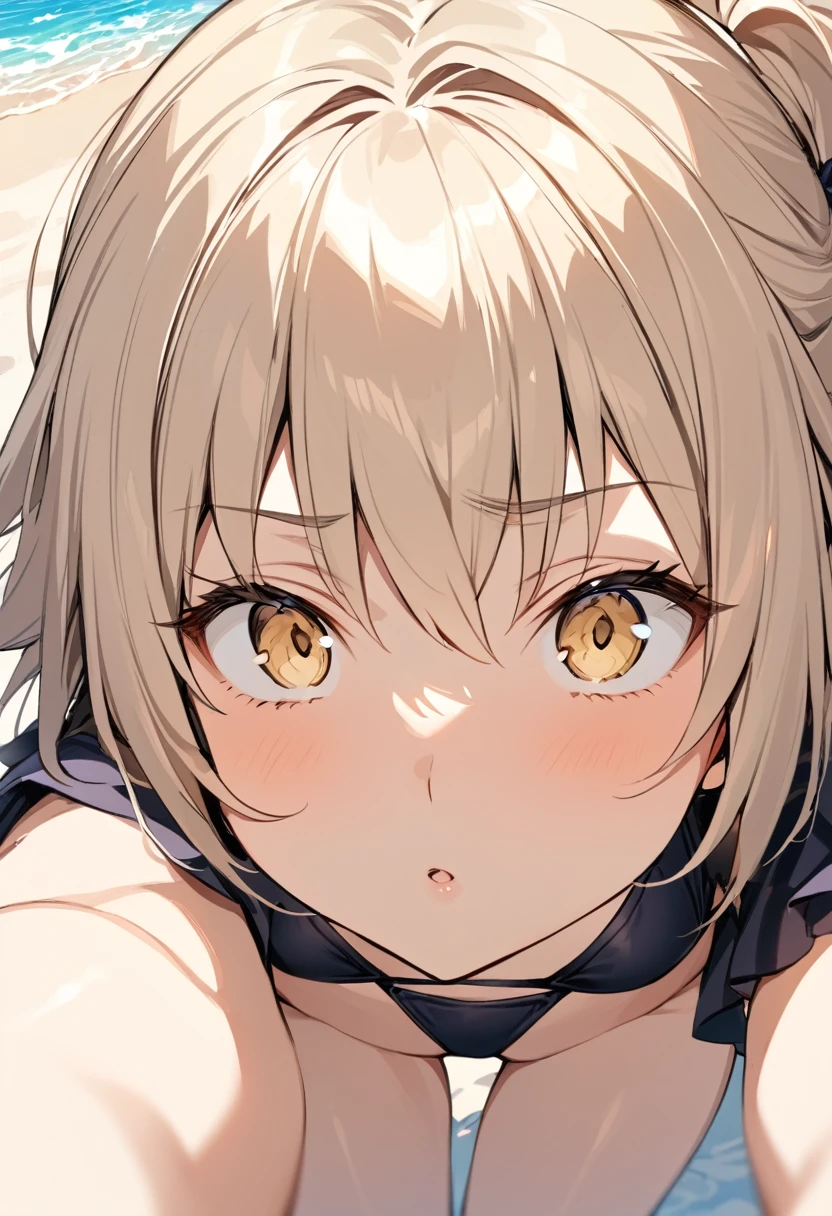 best quality, masterpiece, anime girl , young girl, 16 years old , 1girl, bangs, blonde hair, perfect body form, perfect shot,  perfect anatomy, jeanne alter, fate grand order, small bikini, bikini, first person view, pov , kiss, kissing pov, inminent kiss,  hands up, beach background, view from above, very close up, close eyes, eyes slighly close