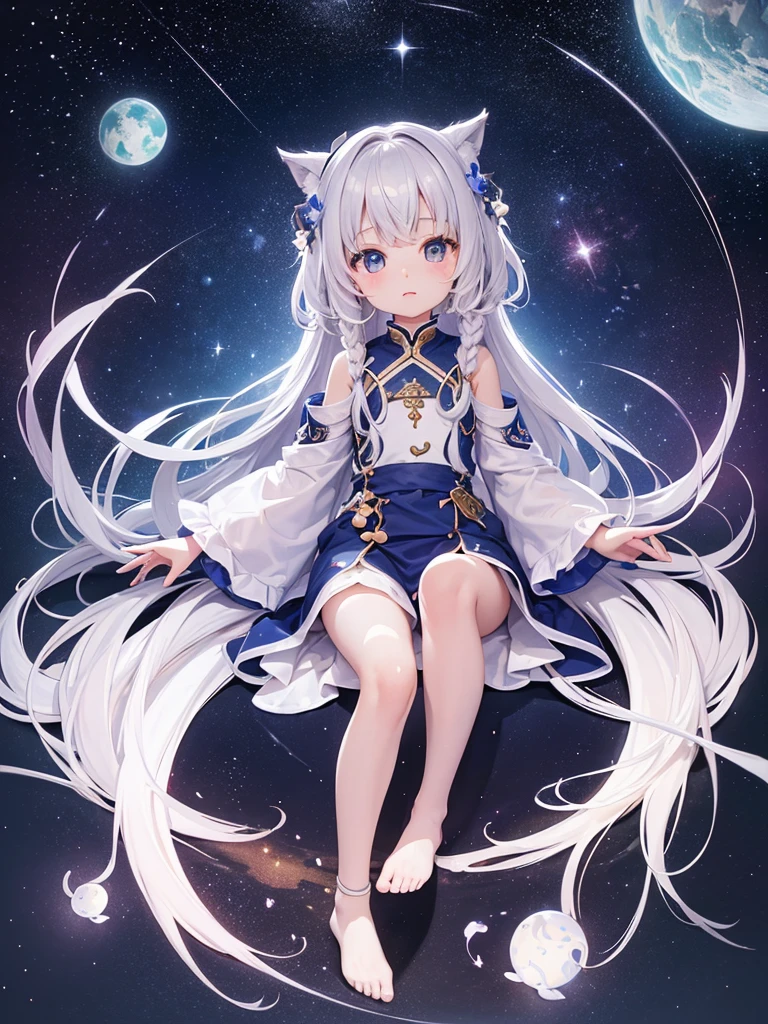 li,masterpiece, high resolution, best quality, Very detailed,wallpaper,Space starry sky background,Cute and cute,A body made of white jade,Silver long hair,Height one meter five,V-shaped jumpsuit,Full body picture,No shoes,Very small feet,Feet made of white jade,Detail of reproductive organs
