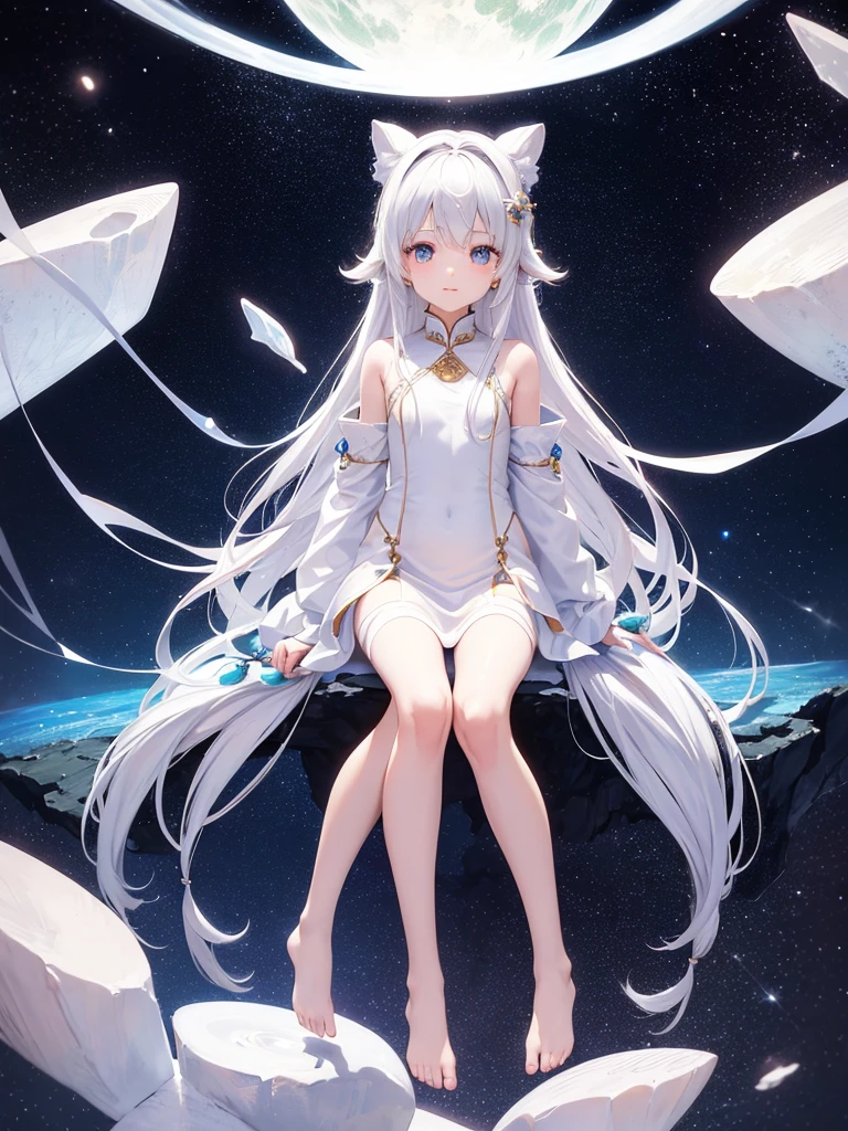 li,masterpiece, high resolution, best quality, Very detailed,wallpaper,Space starry sky background,Cute and cute,A body made of white jade,Silver long hair,Height one meter five,V-shaped jumpsuit,Full body picture,No shoes,Very small feet,Feet made of white jade,Detail of reproductive organs