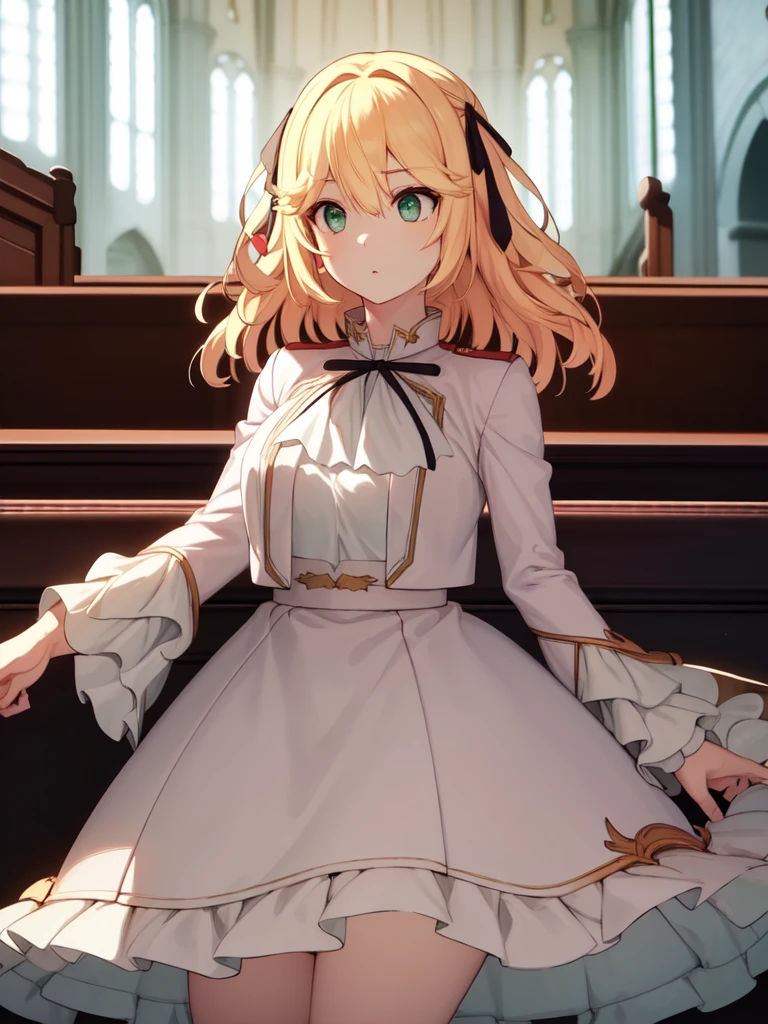 A girl，Long hair, Bangs, Blonde hair, Hair between the eyes, s eyes:（1.5),  (Medium Breast:1.2), 
rest  锁骨, Wedding dress，veil，wedding，White Dress，Flowers，The skirt is broken，White socks，Tights，White knee socks，
Looking at the audience, whole body,
indoors, church，permanent，permanent，
rest (masterpiece:1.2), best quality, high resolution, Unity 8K wallpaper, (illustration:0.8), (美丽细致s eyes:1.6), Extremely detailed face, Perfect lighting, Extremely detailed CG, (Perfect hands, Perfect anatomical structure),