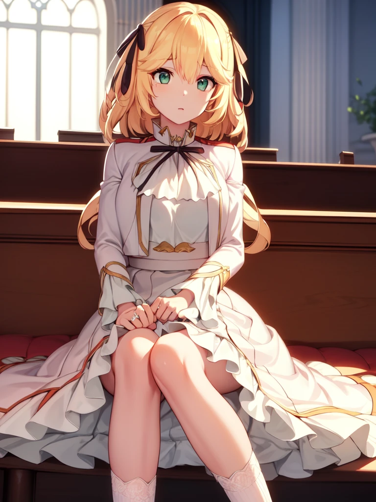 A girl,Long hair, Bangs, Blonde hair, Hair between the eyes, s eyes:(1.5), (Medium Breast:1.2),
rest 锁骨, Wedding dress,veil,wedding,White Dress,Flowers,The skirt is broken,White socks,Tights,White knee socks,
Looking at the audience, whole body,
indoors, church,permanent,permanent,
rest (masterpiece:1.2), best quality, high resolution, Unity 8K wallpaper, (illustration:0.8), (美丽细致s eyes:1.6), Extremely detailed face, Perfect lighting, Extremely detailed CG, (Perfect hands, Perfect anatomical structure),