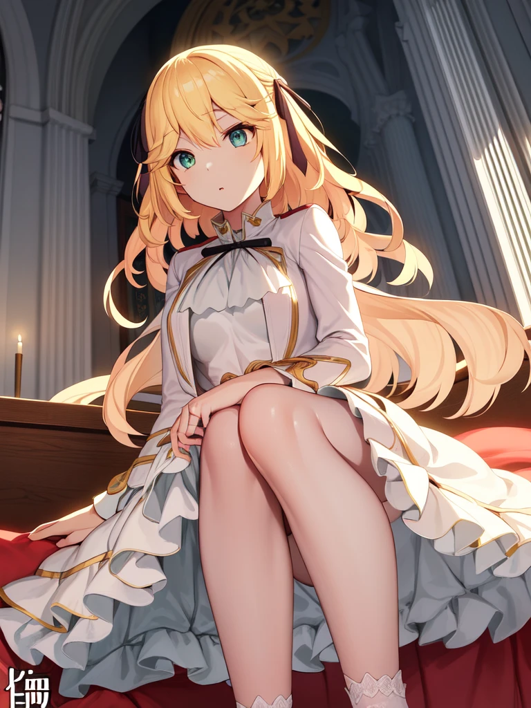 A girl，Long hair, Bangs, Blonde hair, Hair between the eyes, s eyes:（1.5),  (Medium Breast:1.2), 
rest  锁骨, Wedding dress，veil，wedding，White Dress，Flowers，The skirt is broken，White socks，Tights，White knee socks，
Looking at the audience, whole body,
indoors, church，permanent，permanent，
rest (masterpiece:1.2), best quality, high resolution, Unity 8K wallpaper, (illustration:0.8), (美丽细致s eyes:1.6), Extremely detailed face, Perfect lighting, Extremely detailed CG, (Perfect hands, Perfect anatomical structure),