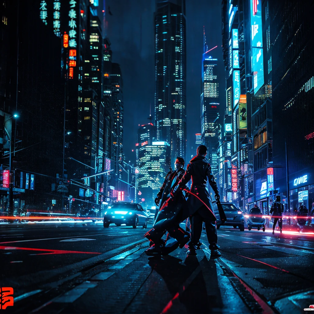 City of the cyber future in the style of Gouves, high quality computer graphics, several characters, complex scenes, full of competitive atmosphere, emphasizing futurism and technology, full of color, rich details, hard lines, and desperate expressions of characters