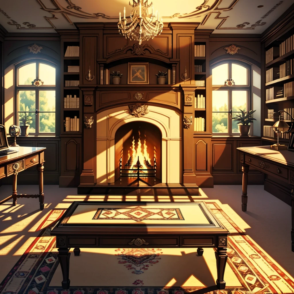 (tmasterpiece, high resolution, ultra - detailed:1.0), (study, desk,Bookshelves,French window, decorations, carpets, fireplace), color difference, Depth of field, dramatic shadow, Ray tracing, Best quality, Cinematic lighting, offcial art