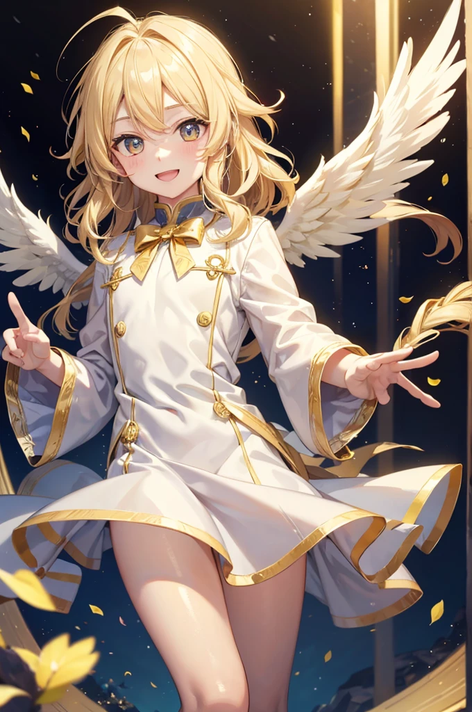 very young man with blonde wavy hair, semi-round face, golden eyes, big smile, cute, with white angel wings