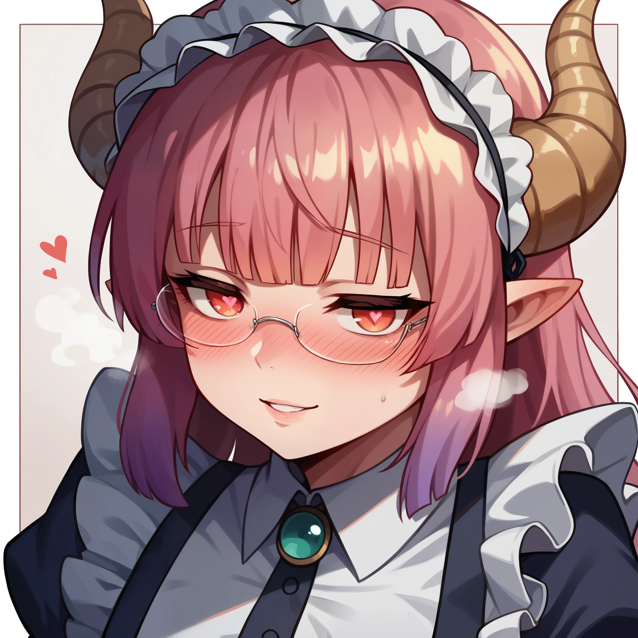 A half-dragon maid, hime cut, shiny hair, maid headdress, over-rim eyewear, dragon horns, heart-shaped pupils, pointy ears, blush, parted lips, seductive smile, heavy breathing, framed, tachi-e, stereogram, UHD, textured skin, masterpiece, highres, 16k, 1080P，Upper focus