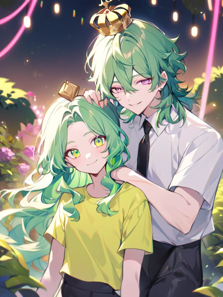 Man with light green neón eyes, tousled light neón green hair. Dressed in a white shirt and black tie, black pants and a small golden crown on his head. smiling. Holding the hand of a woman with white skin, pink neon eyes, long wavy hair with an open neon pink forehead and dressed in a yellow t-shirt and black pants, a small golden crown rests on her head. Nice poses, good quality, garden background, lovers, couple