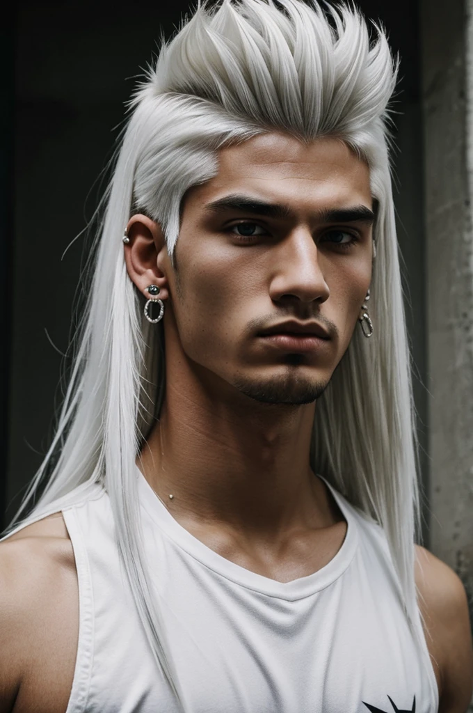 He was a  with white hair, a mullet style, pierced ears, a young face, all black eyes, sweet and fierce.