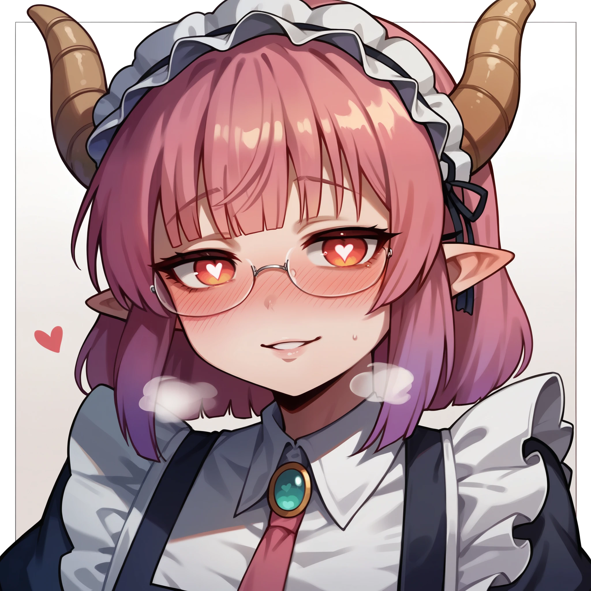 A half-dragon maid, hime cut, shiny hair, maid headdress, over-rim eyewear, dragon horns, heart-shaped pupils, pointy ears, blush, parted lips, seductive smile, heavy breathing, framed, tachi-e, stereogram, UHD, textured skin, masterpiece, highres, 16k, 1080P，Upper focus