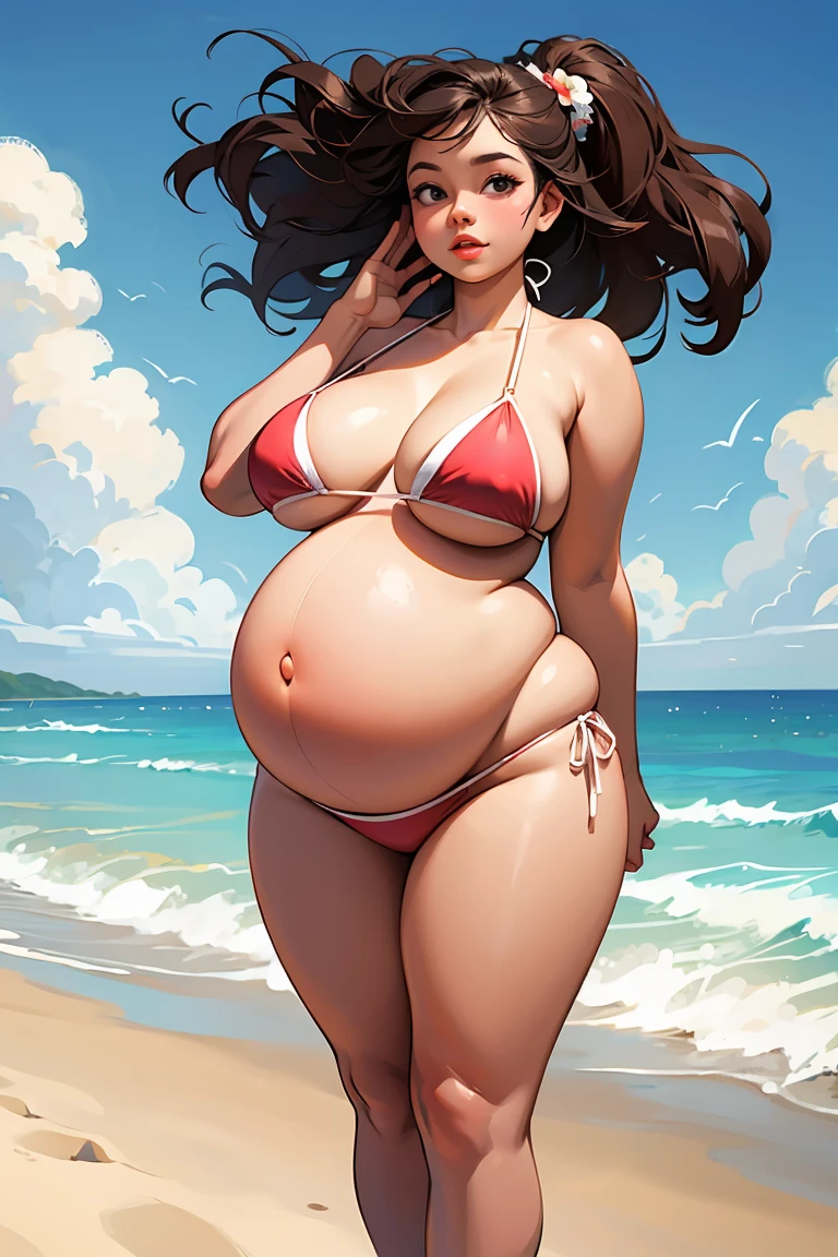 solo, obese gorgeous woman, plump lips, overweight, really fat, large natural breasts, pregnant belly, one navel, beautiful Chubby face, beautiful  hair, bikini, standing, beach, dynamic pose, cute expression 