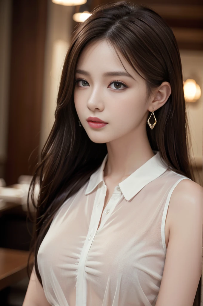 masterpiece, Highest quality, Realistic, Very detailed, Finer details, High resolution, 8k wallpaper, One beautiful woman, Wear an elegant black see-through shirt, In a great restaurant, At night, Light brown messy hair, Perfect dynamic composition, Beautiful and beautiful eyes、Big earrings、Sleeveless shirt、