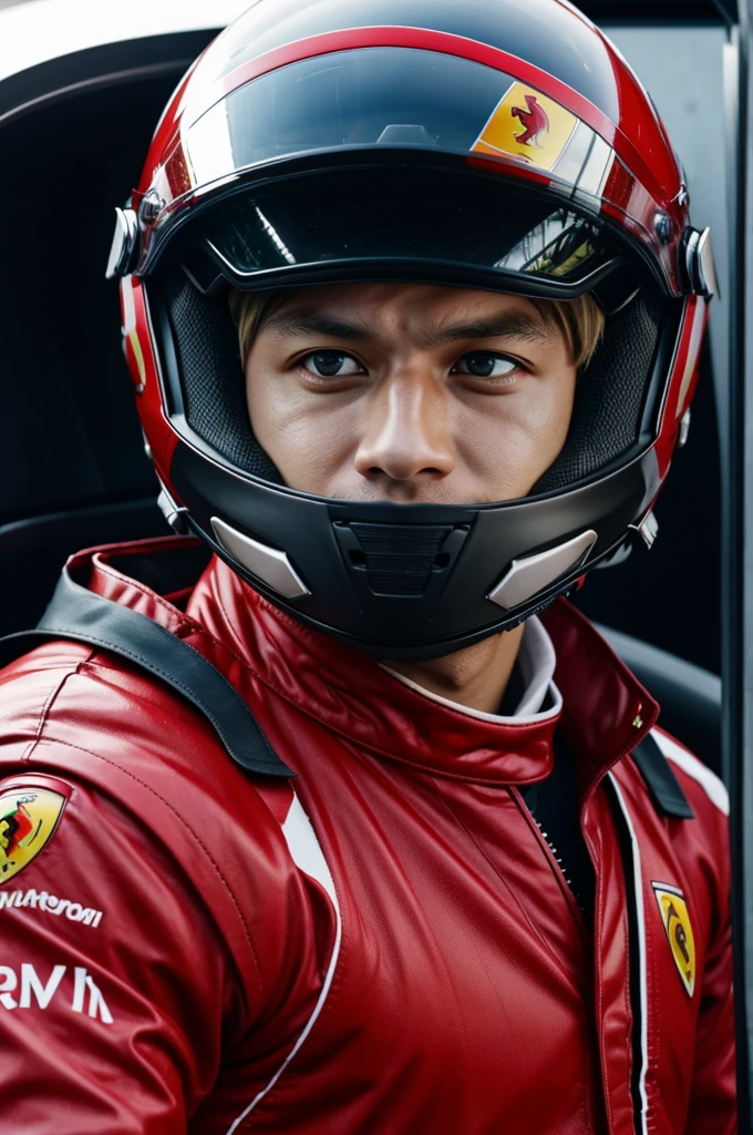 Bakugou Katsuki as Formula Uno driver, He is a Ferrari driver and he wears his helmet and pilot suit, all of this in anime style. 