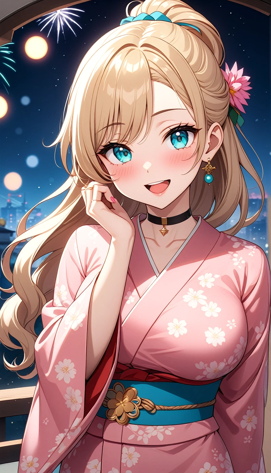 ((One personの女性)), Beautiful Face,(Laughing embarrassedly), (naughty face:1.2), ((Wink:1.9)), (head tilt:1.3), Laughing with your mouth open, upper teeth, ((full-face blush:1.5)), looking at viewer, Glossy Red Lips, (Shining Face), ((anime colored)), ((Anime style background)) , night, Observatory, Festival decorations, firework, ,masterpiece, Highest quality, so beautiful,up to date, Complex details, (Pink long nails),(ring),(bracelet),(choker),AI-generated, Complex,High resolution, Highest quality, super high quality,3D Images、3D Images,One person,Long blonde hair,ponytail, wavy hair ,写真のポーズをとるAnime Women, ((Fine grain、Lightly pigmented turquoise eyes、Shining Eyes:1.3)), (Squint your eyes:1.1),a hyperRealistic , hyperRealistic , Realistic,Anime Women, Smooth anime CG art, ((A woman in a gorgeous kimono with gold embroidery)), ((Pink long sleeve kimono:1.4)),((white floral pattern:1.3)), Long flower hair ornament,Earrings,Mature Body,(Big Breasts:1.1),Tall,Abdominal muscles,Tight waist,(face focus:1.3), ((front view)),