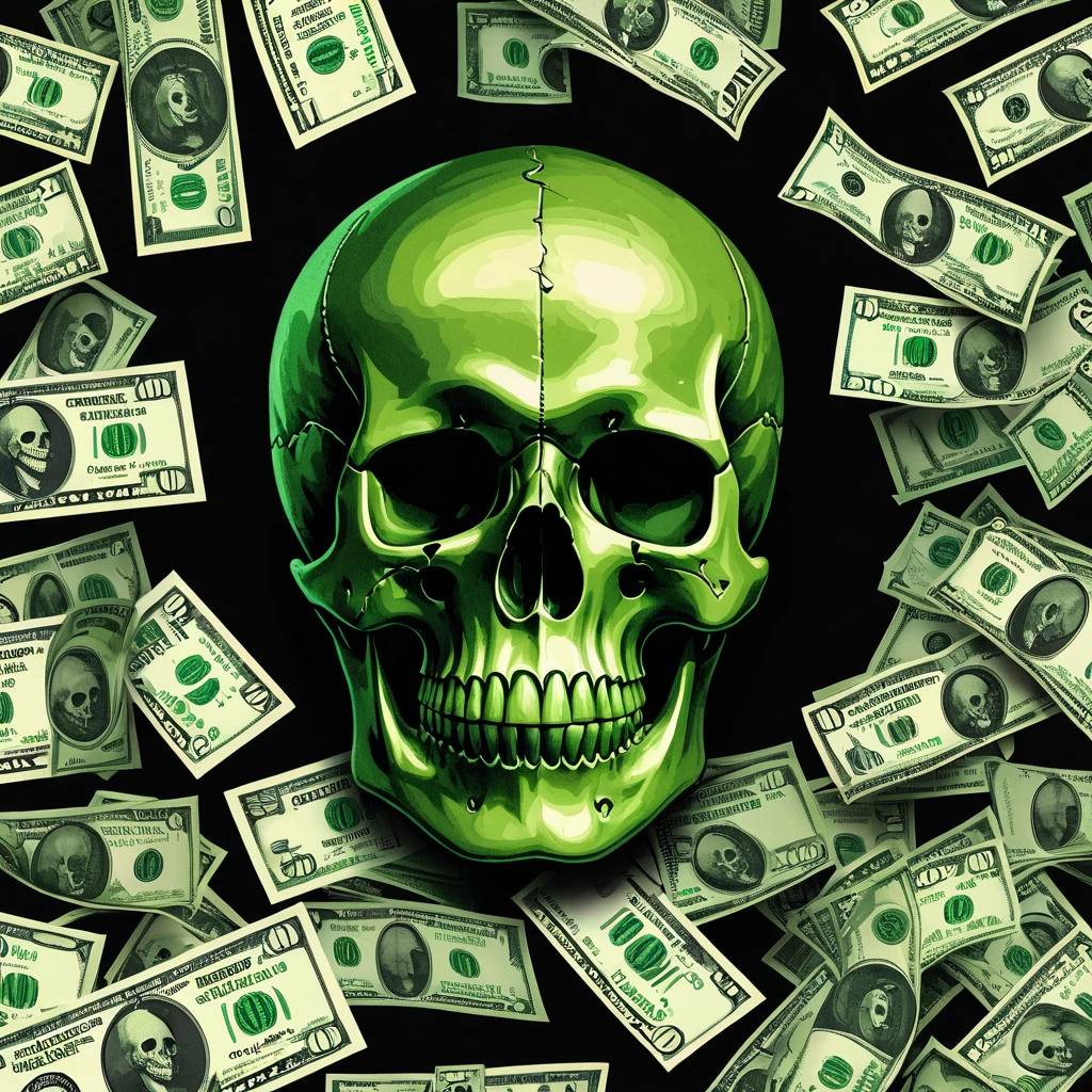 An illustration of a green skull sitting upright turned slightly to the side surrounded by floating dollar bills on a black background. The artwork features detailed textures on the skull and bills, capturing a dark and eerie vibe.