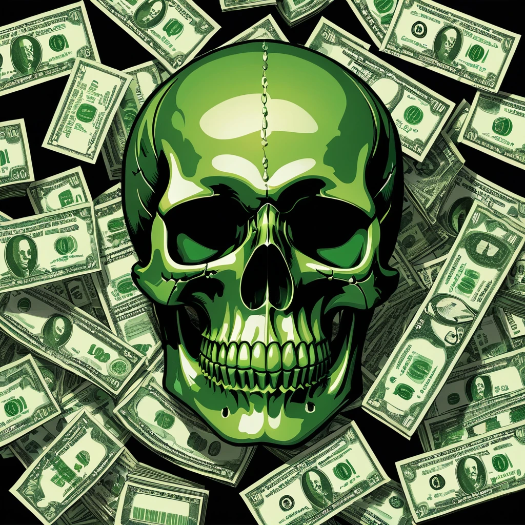 An illustration of a green skull sitting upright turned slightly to the side surrounded by floating dollar bills on a black background. The artwork features detailed textures on the skull and bills, capturing a dark and eerie vibe.