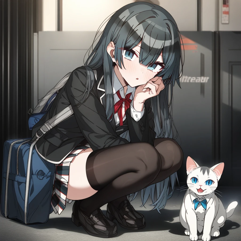 1girl, kotoribako, absurdres, official art, absurdres, yahari ore no seishun lovecome wa machigatteiru., yukinoshita yukino, 1girl, bag, black eyes, black hair, black jacket, black thighhighs, blazer, cat, copyright name, jacket, loafers, long hair, looking at viewer, parted lips, plaid clothes, plaid skirt, pleated skirt, school bag, scenery, shoes, shoulder bag, skirt, sobu high , solo, squatting, thighhighs, ((very aesthetic, best quality, ultra detailed)), rating:safe,