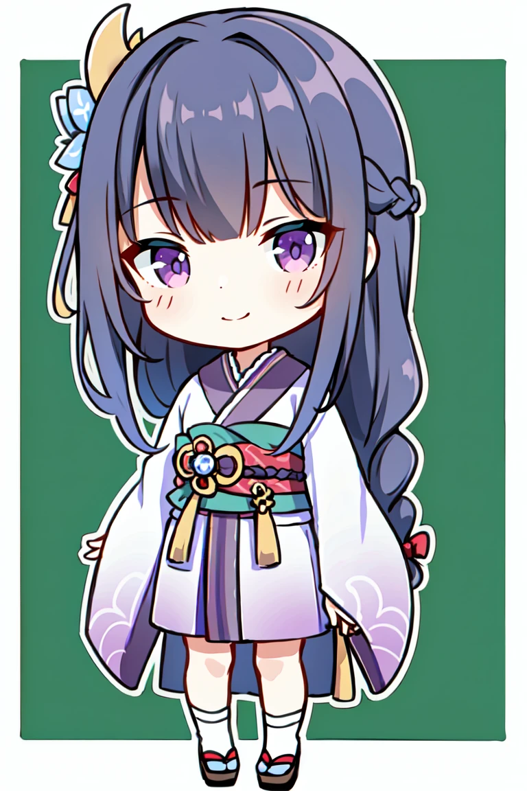 (masterpiece, best quality, highres, 8k:1.3),   1girl, solo, long hair, One braid hair, purple hair, Hair ornament, purple eyes, kimono, standing, chibi, smile, detail color, detail skin Cristal, Glowing skin,