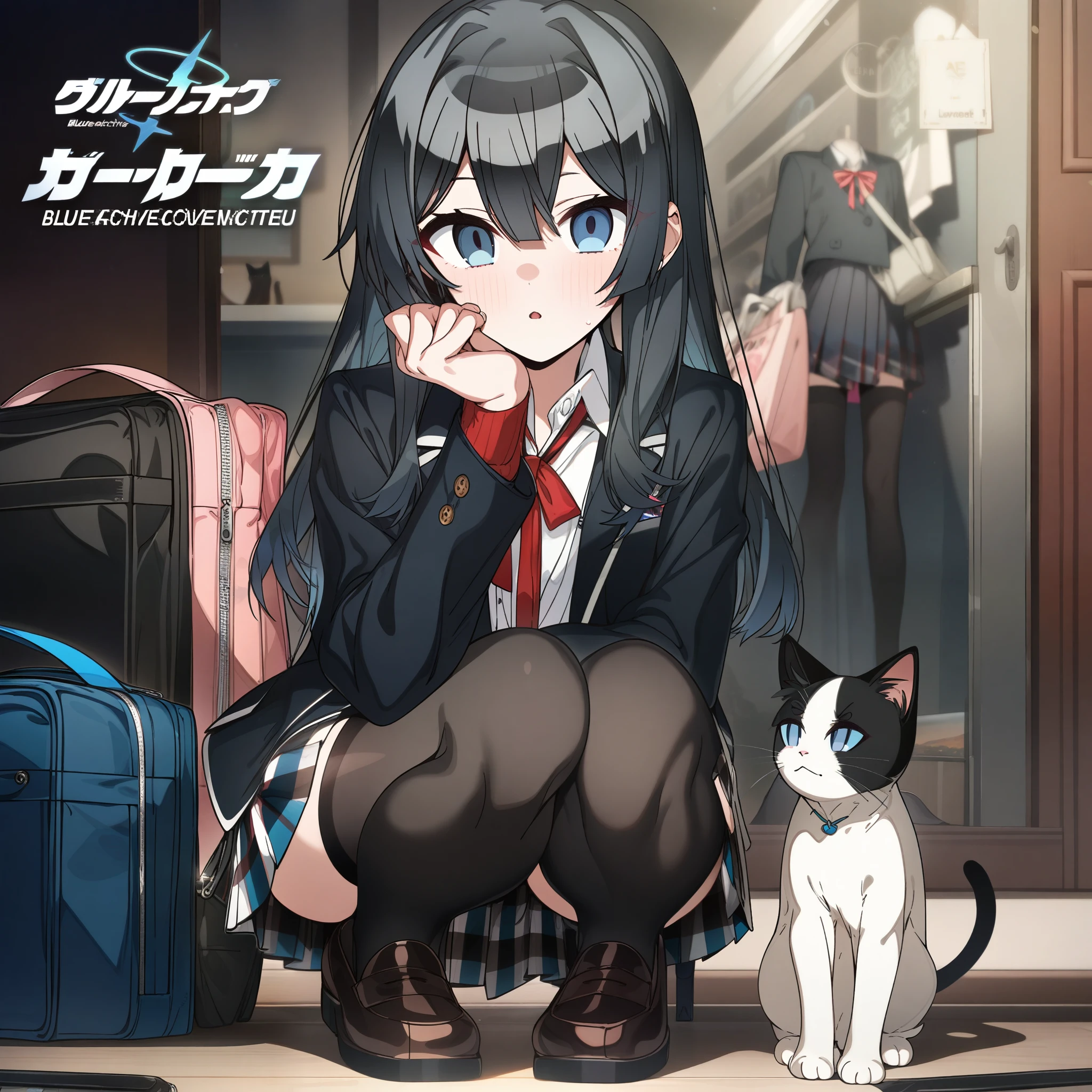 1girl, erere, blue archive, arona \(blue archive\), absurdres, official art, 3girls, rei \(rei's room\), absurdres, official art, absurdres, yahari ore no seishun lovecome wa machigatteiru., yukinoshita yukino, 1girl, bag, black eyes, black hair, black jacket, black thighhighs, blazer, cat, copyright name, jacket, loafers, long hair, looking at viewer, parted lips, plaid clothes, plaid skirt, pleated skirt, school bag, , shoes, shoulder bag, skirt, sobu high , solo, squatting, thighhighs, ((very aesthetic, best quality, ultra detailed)), rating:safe, 