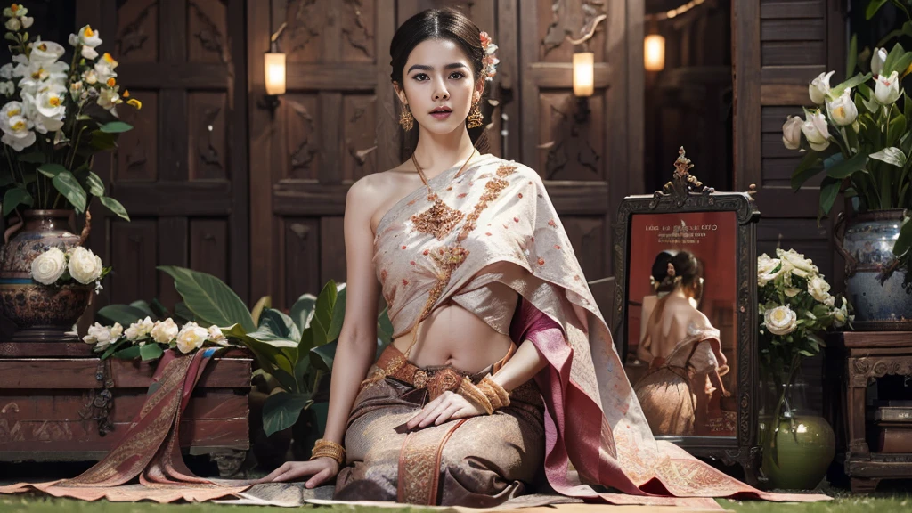 (raw photos:1.2), (realistic:1.4), (Masterpiece:1.3), (best quality:1.4), Ultra high resolution, (Detailed eyes), (Detailed facial features), (Detailed clothing features), HDR, 8k resolution, Focus only, Dressing according to Thai tradition, Traditional shawl , 1 woman , big breasts, A gigantic rift, big breastsดันเสื้อผ้า, big breast, The breasts will fully grow..., Make your breasts bigger.., small waist, Long legs, Facing the audience, full body, depth of field, Cinema-grade lighting system, big breasts, Too big for your body, Revealing a flat stomach, The lower half of the chest can be seen..., Sexy sitting posture, Pictures from eye-catching angles, Correct picture elements, The picture is complete.,