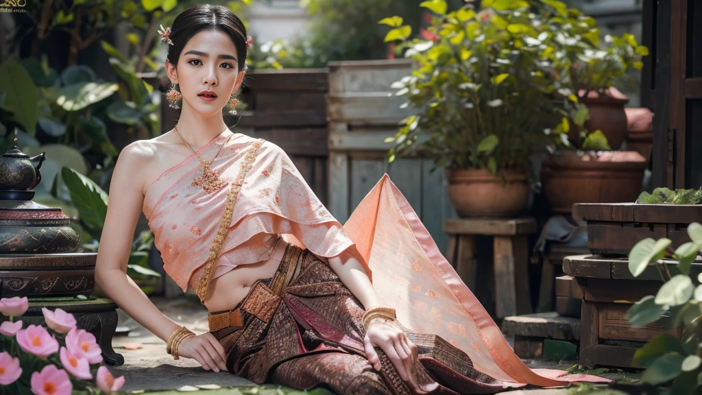(raw photos:1.2), (realistic:1.4), (Masterpiece:1.3), (best quality:1.4), Ultra high resolution, (Detailed eyes), (Detailed facial features), (Detailed clothing features), HDR, 8k resolution, Focus only, Dressing according to Thai tradition, Traditional shawl , 1 woman , big breasts, A gigantic rift, big breastsดันเสื้อผ้า, big breast, The breasts will fully grow..., Make your breasts bigger.., small waist, Long legs, Facing the audience, full body, depth of field, Cinema-grade lighting system, big breasts, Too big for your body, Revealing a flat stomach, The lower half of the chest can be seen..., Sexy sitting posture, Pictures from eye-catching angles, Correct picture elements, The picture is complete.,