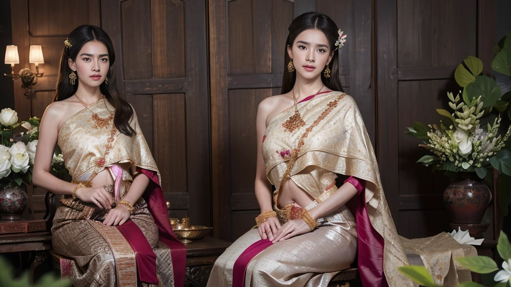 (raw photos:1.2), (realistic:1.4), (Masterpiece:1.3), (best quality:1.4), Ultra high resolution, (Detailed eyes), (Detailed facial features), (Detailed clothing features), HDR, 8k resolution, Focus only, Dressing according to Thai tradition, Traditional shawl , 1 woman , big breasts, A gigantic rift, big breastsดันเสื้อผ้า, big breast, The breasts will fully grow..., Make your breasts bigger.., small waist, Long legs, Facing the audience, full body, depth of field, Cinema-grade lighting system, big breasts, Too big for your body, Revealing a flat stomach, The lower half of the chest can be seen..., Sexy sitting posture, Pictures from eye-catching angles, Correct picture elements, The picture is complete.,