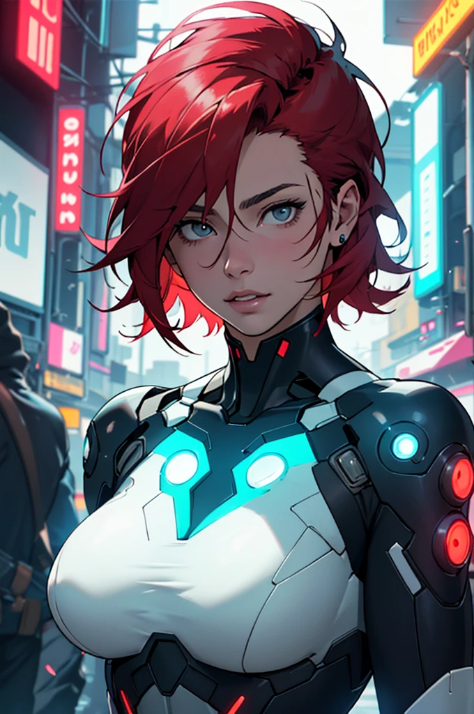 ((best quality)), ((masterpiece)), (detailed), Ghost in the Shell, tron Legacy, cyborg, elegant woman, cyberpunk, big breasts, short red hair, coloured body
