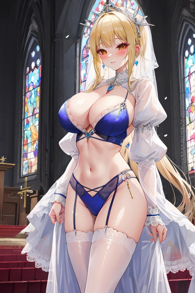 masterpiece,8K,A woman with big tits,Gorgeous woman,Closing Ceremony,bride,Long blond hair,big hair,((hime cut)),Gorgeous jewelry,Crystal Hair Accessories,Cleavage,In front of the altar of the majestic church、Brighter light,(Elegant gloss),((Puffy sleeves))、Long cuffs,Show your belly button,Lace erotic lingerie,red cheeks,ahegao,