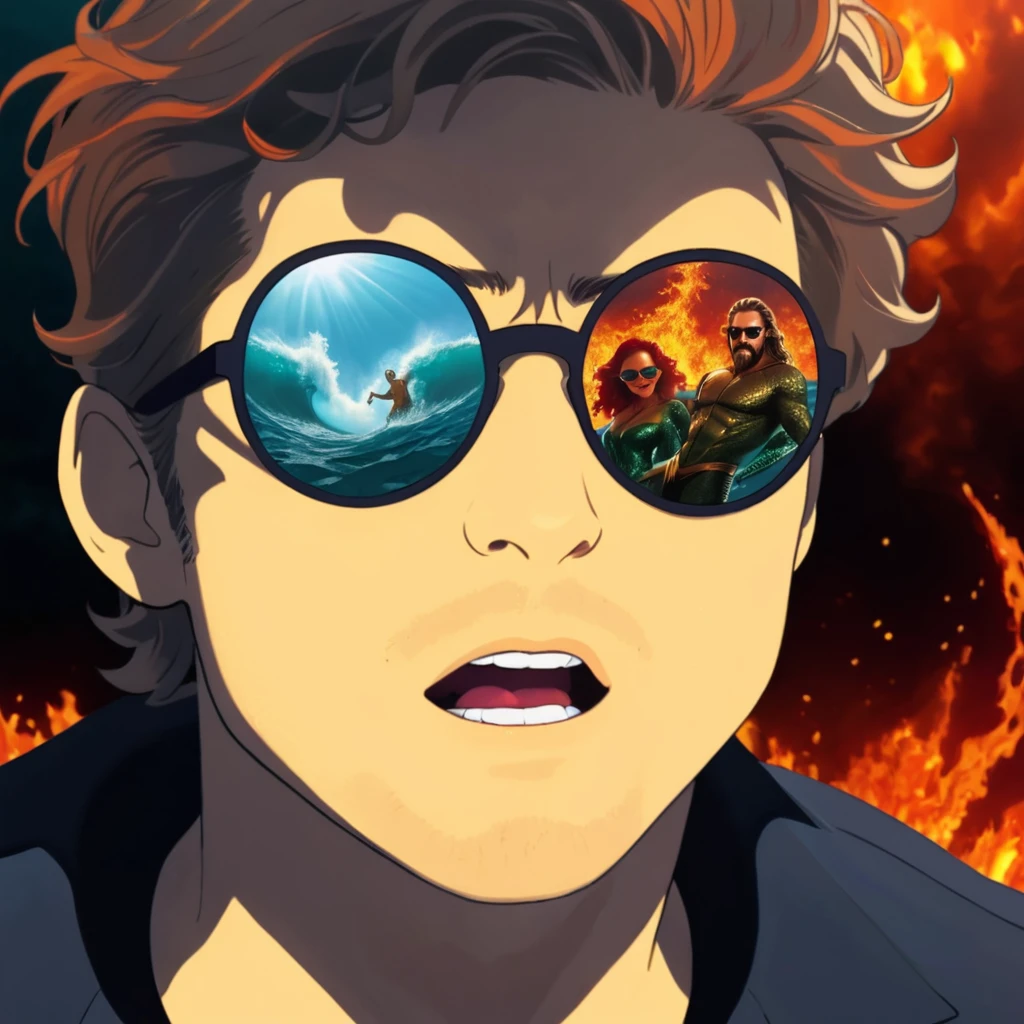 Aquaman, sunglasses reflection of duality ocean and inferno, wordless, visually hilarious, cohesive, intense meme that conveys overwhelming joy