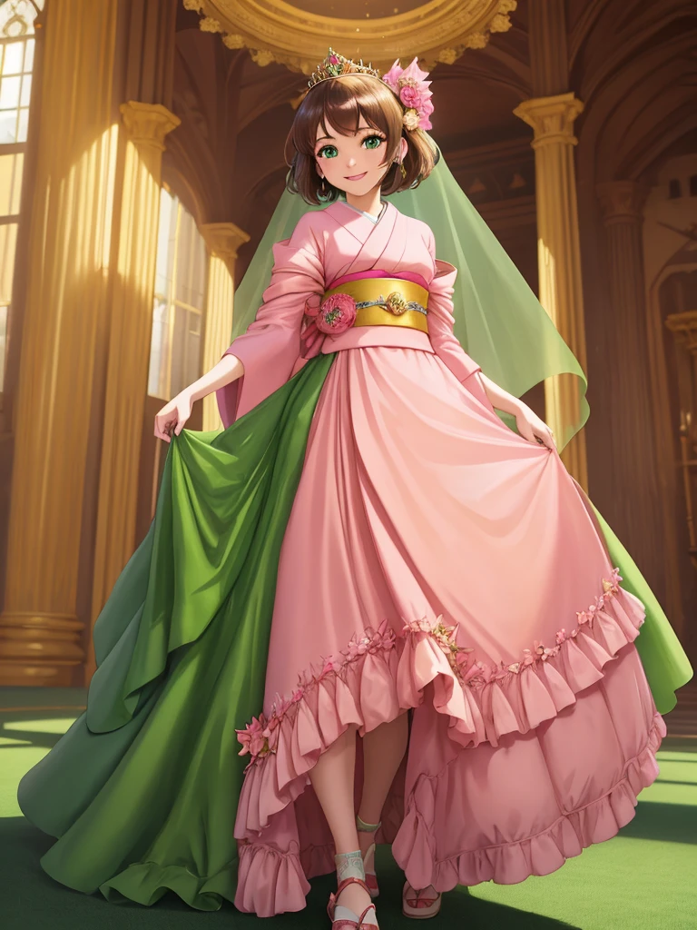 masterpiece, best quality:1.2), 1girl, smile, looking at viewer, green eyes, short brown hair, princess, princess dress, wearing puffy pink ballgown reaching the floor, green kimono, golden tiara with veil, standing in ballroom of medieval castle