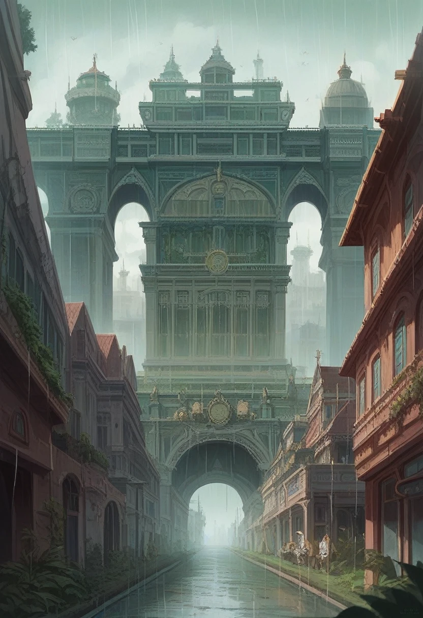 ((big masterpiece)),((best quality)),((high detial)),((realistic,)) Industrial age city, deep canyons in the middle,  India  Telangana architectural streets, green hill station green City beautiful bazaars, Bridges, rainy days, steampunk, European architecture