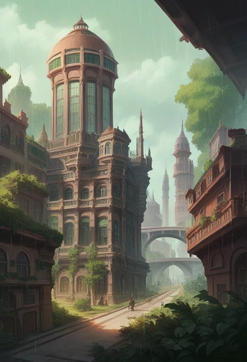 ((big masterpiece)),((best quality)),((high detial)),((realistic,)) Industrial age city, deep canyons in the middle,  India  Telangana architectural streets, green hill station green City beautiful bazaars, Bridges, rainy days, steampunk, European architecture