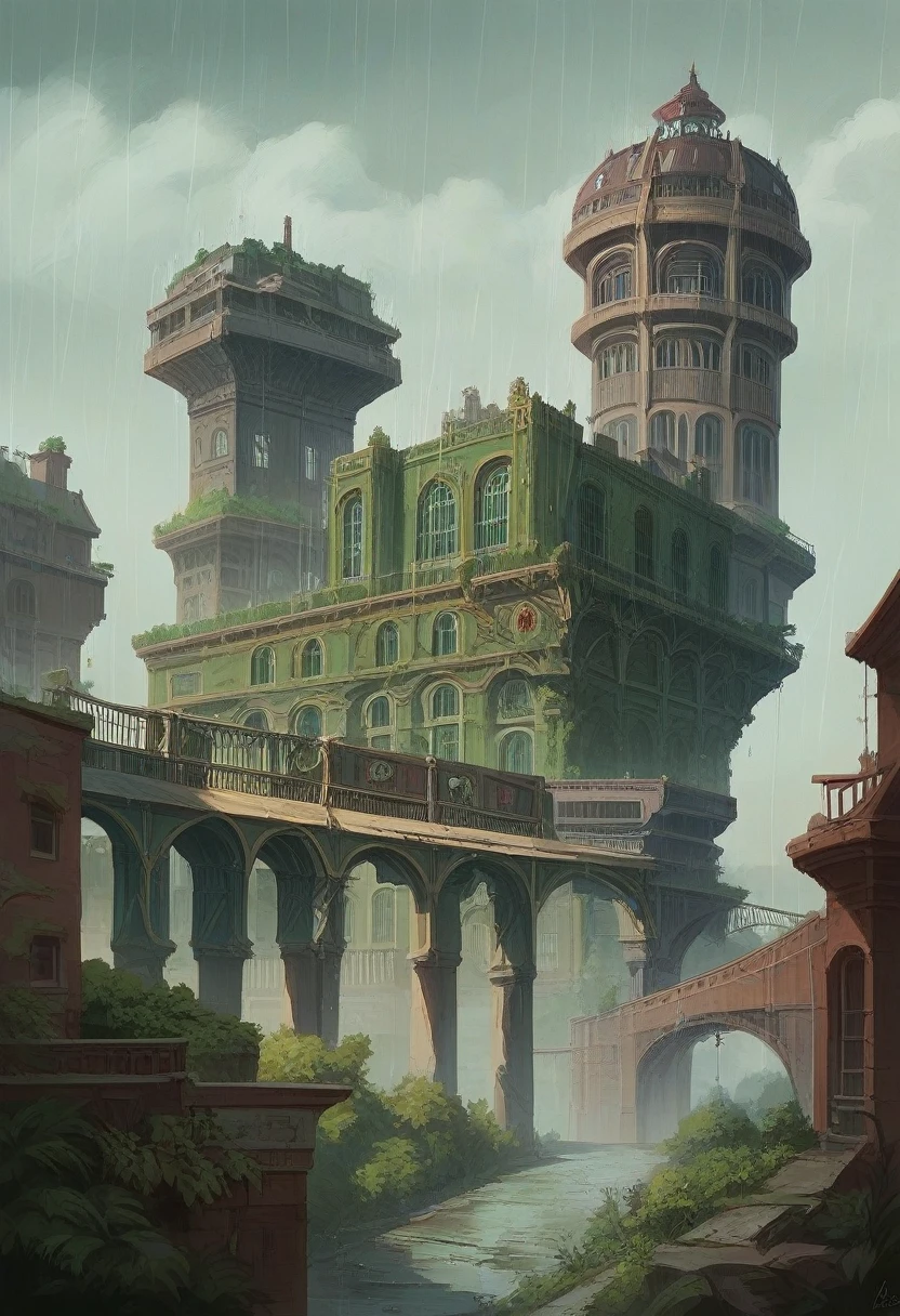 ((big masterpiece)),((best quality)),((high detial)),((realistic,)) Industrial age city, deep canyons in the middle, India Telangana architectural streets, green hill station green City beautiful bazaars, Bridges, rainy days, steampunk, European architecture
