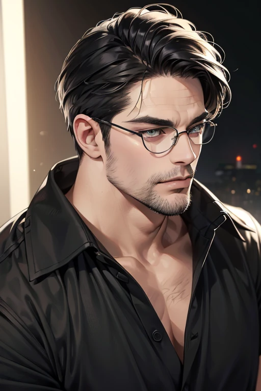 (Best quality,4K,8K,a high resolution,masterpiece:1.2),ultra detailed,(realistic,photorealistic,photo-realistic:1.37),39 year old man,3 day beard,Beautiful anime,portraits,strong,masculine,dark hair,Sharp jawline,Mesmerizing eyes,Perfectly styled hair,cool anime outfit,confident expression,bright colors,dynamic lighting, grey eyes, (black shirt, glasses on face)