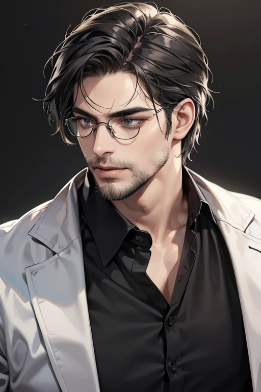 (Best quality,4K,8K,a high resolution,masterpiece:1.2),ultra detailed,(realistic,photorealistic,photo-realistic:1.37),39 year old man,3 day beard,Beautiful anime,portraits,strong,masculine,dark hair,Sharp jawline,Mesmerizing eyes,Perfectly styled hair,cool anime outfit,confident expression,bright colors,dynamic lighting, grey eyes, (black shirt, glasses on face)
