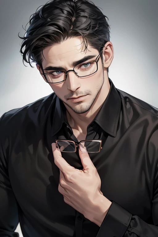 (Best quality,4K,8K,a high resolution,masterpiece:1.2),ultra detailed,(realistic,photorealistic,photo-realistic:1.37),39 year old man,3 day beard,Beautiful anime,portraits,strong,masculine,dark hair,Sharp jawline,Mesmerizing eyes,Perfectly styled hair,cool anime outfit,confident expression,bright colors,dynamic lighting, grey eyes, (black shirt, glasses on face)