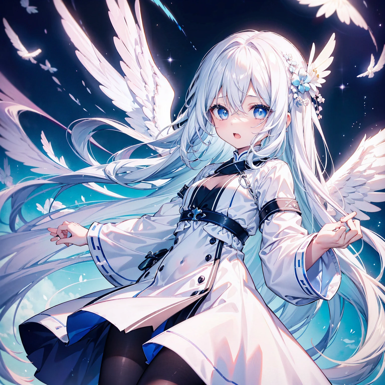 A pretty, cute girl with long white hair and blue eyes、14 Talents、Angel wings on the back、He is shocked, his mouth wide open and his eyes wide open、comical、Bright expression、happy、Pure white dress