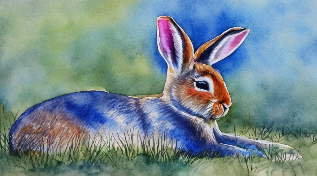 Sleeping rabbit　Emotional watercolor painting　so beautiful　Ultra high quality　Fantasy　Blue image