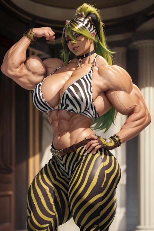 (((Massive tall, beautiful, buff, light brown skinned muscular woman with green hair, black lipstick, ginormous bulky muscles and wearing a beautiful zebra printed unbuttoned top with a beautiful zebra printed tight pants))), (close view), massive muscle, massive biceps, hyper muscle shoulders, massive muscle arms, vascular shoulders, hyper muscle triceps, (long curvy hair), (beautiful unbuttoned zebra printed blouse), orange eyes, gauntlets, gloves, choker, (beautiful zebra printed tight pants with a belt), boots, (in a ballroom), closed smile, night, hyper vascular arm, hyper muscles arms, hyper muscle legs, massive arms