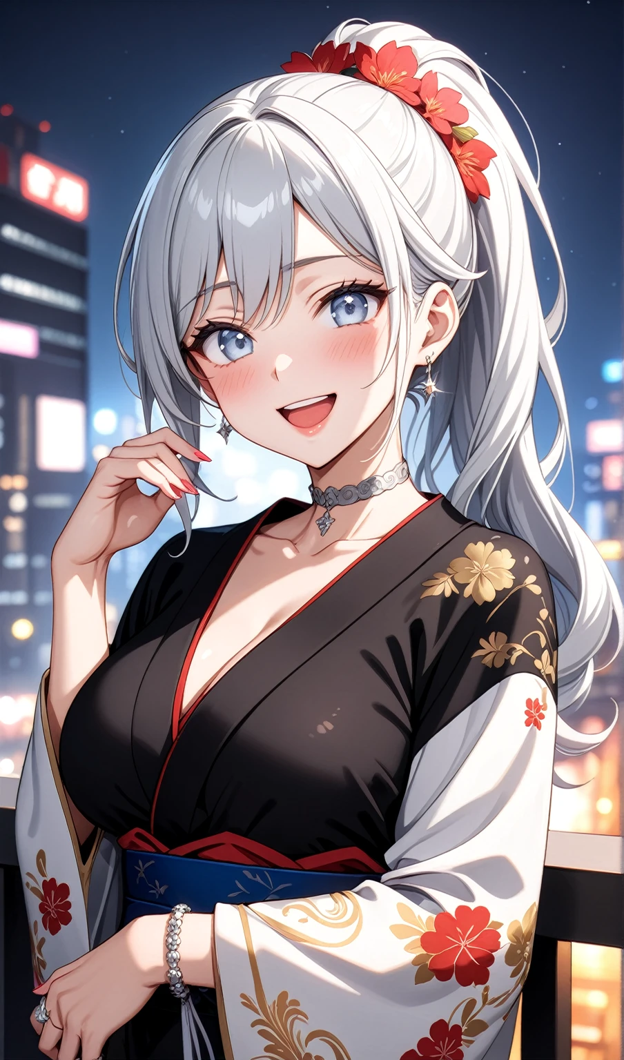 ((one woman)), Beautiful Face, Laughing embarrassedly, (laugh:1.2),((Wink:1.9)), (head tilt:1.3), Laugh with your mouth wide open, upper teeth, looking at viewer, ((full-face blush:1.6)),Glossy Red Lips, Night view, High rise building terrace, firework, Glossy red lips, Shining Face, ((anime colored)), ((Anime style background)),masterpiece, Highest quality, so beautiful,up to date, Complex details, (Pink long nails),(ring),(bracelet),(Floral choker),AI-generated, Complex,High resolution, Highest quality, super high quality,3D Images、3D Images, One person, Long white hair, High Ponytail, Anime woman posing for a photo, (blue eyes), ((Fine grain、Silvery white, lightly pigmented eyes、Shining Eyes:1.5)), (Squint your eyes:1.1),a hyperRealistic , hyperRealistic , Realistic,Anime woman with long white hair, Smooth anime CG art, ((A woman in a gold embroidered kimono)), ((Long sleeve black kimono:1.4)),((Red floral pattern:1.4)),Long flower hair ornament,Earrings, Body,Adult women, (Big BrTall,Abdominal muscles,Tight waist,(face focus:1.1), ((front view)),